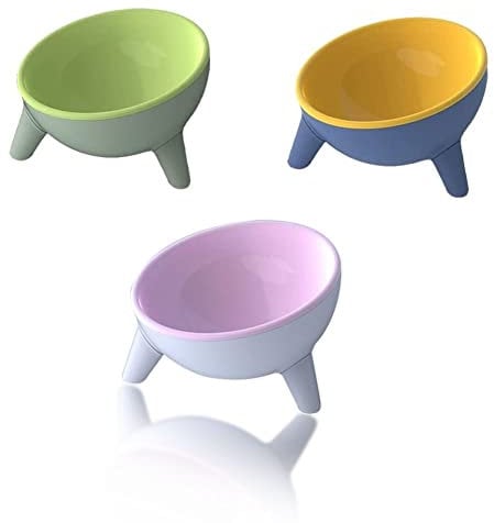 3PCS Tilted Raised Cat Bowls, Elevated Cat Food & Water Bowl Kittens Dishes 15° Inclined Angle Feeder (Yellow+Green+Pink)