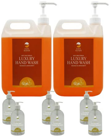 Safe Hands | Luxury Hand Wash with Pumps | 2 x 5 Litre & 6 x 500ml (Empty) | Orange & Bergamot | Moisturising | Anti Bac Hand Soap | Removes 99% of Bacteria | Kind to Skin