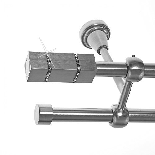 BASIT Gardinenstange I Edelstahl Look Metall Ø 16mm I Vorhangstange I Gardinenstangenset I Deckenbefestigung I 2 läufig mit Deckenmontage I eckig mit Kristall I Länge 240 cm I Design D24 E27 E16