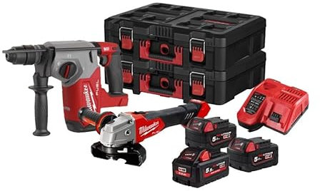 Milwaukee Set Brushless M18FPP2AY-553P Tassellatore M18FHX + Smerigliatrice Angolare 125mm M18FSAG125 + 3 Batterie 18V 1 x 5,5 Ah / 2 x 5,0 Ah + Caricabatterie Rapido