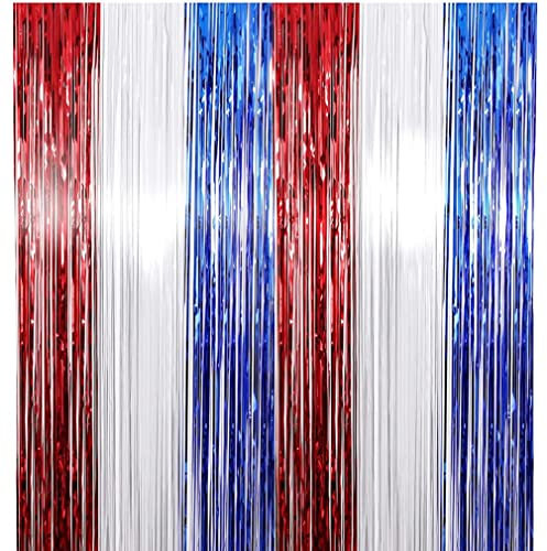 NOPEILVI 2pcs Red White Blue Tinsel Foil Fringe Curtains Garland Independence Day Party Props Backdrop Door Wall Decorations America Theme Birthday Supplies 4th Of July Decorations,