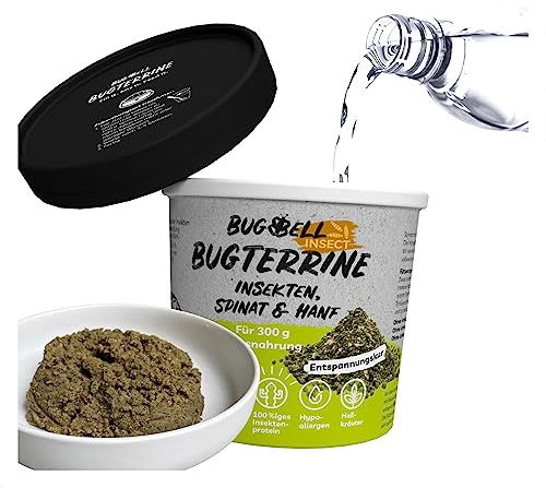 BugBell 8x100g Nassfutter zum Anrühren, ergibt 8x300g Nassfutter, Entspannung & Beruhigung, Spinat & Hanf & Heilkräuter, Insekt als Monoprotein, getreidefrei, hypoallergen, purinarm, für Hundeeis