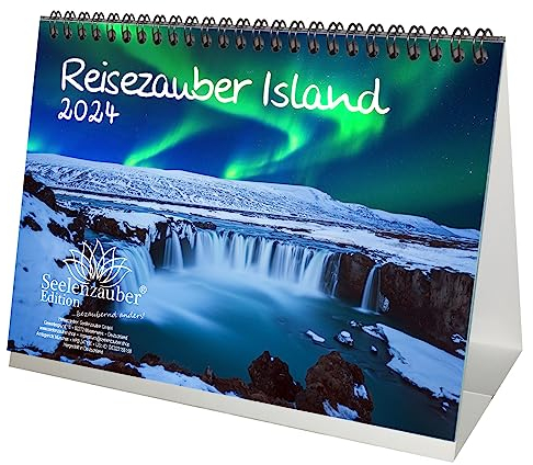 Reisezauber Island DIN A5 Tischkalender für 2024 Reykjavík Urlaub Reise Strand Meer - Geschenkset Inhalt: 1x Kalender, 1x Weihnachtskarte (insgesamt 2 Teile)