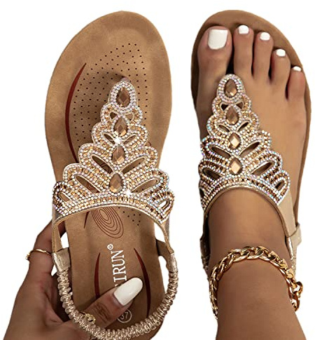 EGSDMNVSQ Sandali Piatti Infradito da Donna Scarpe estive Boho Strass Glitter Sandali da Spiaggia con Cinturino a T Comodi Separatori delle Dita con Plantare Morbido Moda Spiaggia Open Toe Eleganti