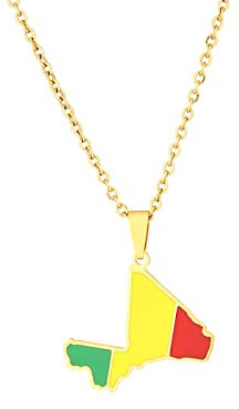 Mali-Karte Und Flagge-Anhänger-Halskette – Retro-Tropfenöl, Weltkarte, Schlüsselbeinkette, Ethnischer Stil, Unisex, Patriotischer Charm-Schmuck, Pullover-Kette Für Paar-Halskette, Gelb, 45 Cm