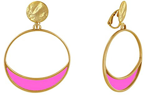 LES POULETTES BIJOUX - Pendientes Clip de Metal Dorado Círculo y Luna Creciente Color Translúcido - Fucsia