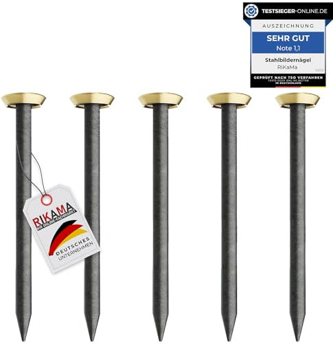 30 Bildernägel mit Halter – Stahlnägel für den Einsatz auf Beton, Ziegelstein, Putz & Holz – Nägel aus gehärtetem Stahl als Bilder Aufhängung – Made in Europe (Gold mit Halter, 30 mm)