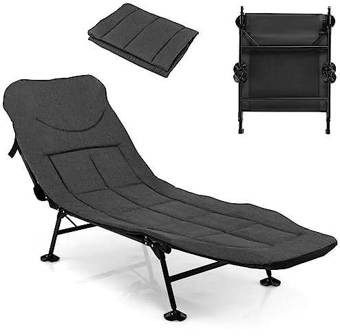 KOMFOTTEU Lit de Camping Pliant avec Dossier réglable à 6 Positions et Matelas Amovible, lit de Camp avec Couvre-Pied pivotant à 360 °, adapté au Jardin, Camping, Voyage, 194 x 66 x 29 cm, Gris