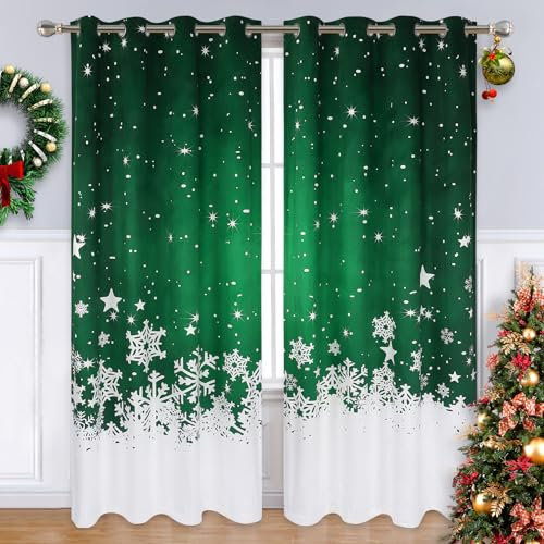 CAROMIO Weihnachtsvorhänge für Wohnzimmer 2 Panel-Sets, Samt-Fenstervorhänge 84 Zoll lang, Blumen Schneeflocke Dekoration Vorhänge, wärmeisolierte Raumverdunkelungsvorhänge, grün, 132 x 213 cm
