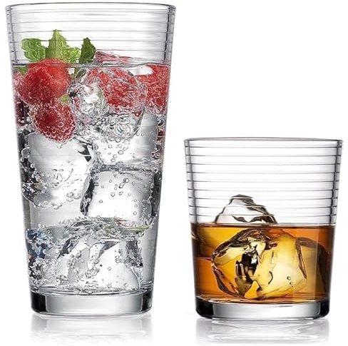 Glaver's Trinkgläser 16-teiliges Set 226.8-481.9 g Highball-Gläser 226.8-368.5 g Whiskey Rocks ideal für Wasser, Saft, Cocktails und Eistee Spülmaschinenfest