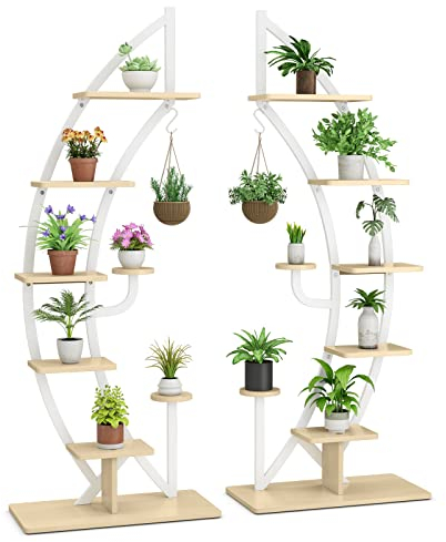 COSTWAY Support de Plante en Métal à 7 Niveaux, Étagère à Fleurs avec Crochet, Porte Plantes en Forme Demi-lune avec Dispositif Anti-renversement pour Salon Balcon 60 x 30 x 155 CM, Blanc (2 pièces)