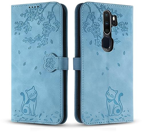 Vaitasy Coque pour Oppo A9 2020, Mince Souple Cuir PU Étui avec Magnétique Flip Portefeuille Housse pour Oppo A5 2020 - Chat Bleu