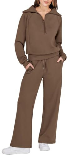 ORANDESIGNE Trainingsanzüge Damen Lounge Set Zweiteiler Frauen 1/4 Reißverschluss Langarmshirt Hoher Bund Weite Freizeithose Loungewear 2 Teiler Jogginganzug Y2K Streetwear A Braun M