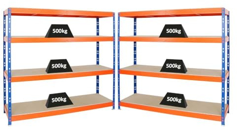 PROREGAL Mega Deal | 2X Profi Schwerlastregal Rhino | HxBxT 180x200x60cm | 4 Spanplatten-Ebenen 16mm | Fachlast 500kg | Blau-Orange | Garagenregal Lagerregal Steckregal Weitspannregal