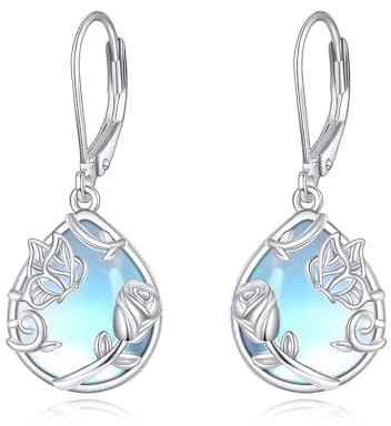 VONALA Pendientes de mariposa girasol/rosa para mujer, plata de ley, flor de piedra lunar, forma de lágrima, pendientes, joyas, regalos para mujeres, adolescentes, niñas, 31,5 x 12 mm, 31,5 x 12 mm (L