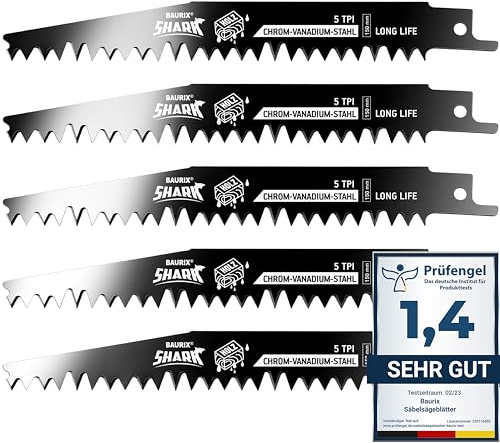 BAURIX® [LONG LIFE] Säbelsägeblätter Holz, 5 Stück, 150 mm, 5 TPI, Sägeblatt Säbelsäge für schnelle und saubere Schnitte, Säbelsägeblatt für Grobholz, Nassholz, Brennholz, lebendes Holz
