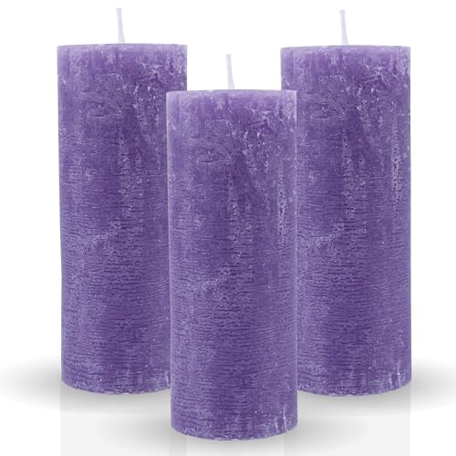 Bestgoodies Rustikale Stumpenkerze 3er-Pack Lila vers. Farben/Größen - Lange Brenndauer Antik Kerze, Duftfreie Altarkerze - Dekokerze, Adventskerze