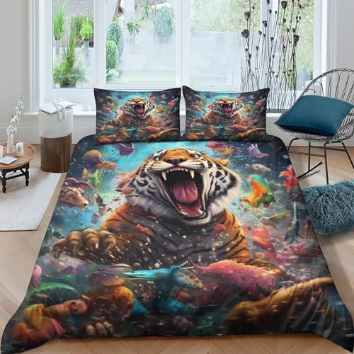Tiger Bettwäsche-Set 3D Print Musterdesign Mit Reißverschluss Bettbezüge,dreiteiliger Bettbezug Set Microfaser Bettbezüge Double（200x200cm）
