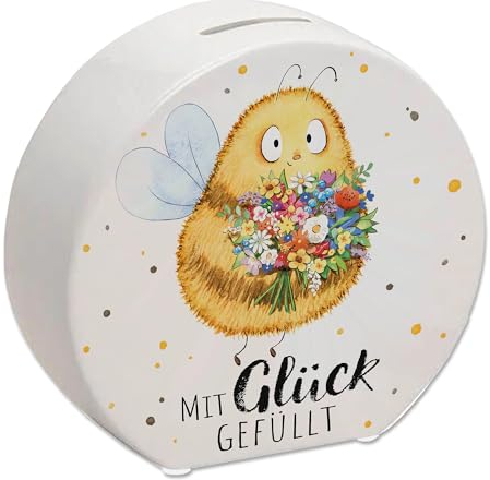 Pummel Biene Spardose mit Spruch Mit Glück gefüllt Frühlingszauber Hummel-Design Glückliche Blumen-Deko sparen Weltspartag Urlaubsgeld