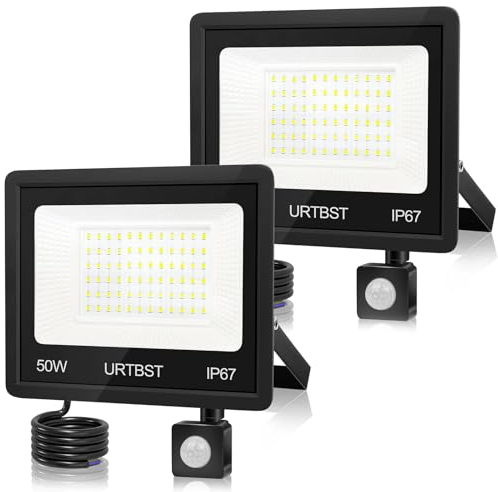 URTBST LED Strahler mit Bewegungsmelder Außen,50W 5000LM LED Strahler Außen,LED Fluter IP67 Wasserdichte,LED Scheinwerfer 7000K Kaltweiß Superhell Aussenstrahler für Garten,Garage,Innenhöfe (2 Stück)