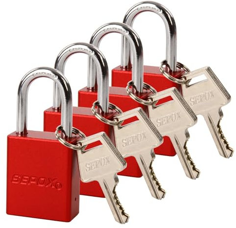 SEPOX Weatherproof Solid Aluminum Keyed Alike Padlock Industrial-Grade Padlock for Security Waterproof,Corrosion Resistant Safety,for Lock-Out,Garden,Locker-Lock,Sheds,Cabinets,Doors(Red 4 Pack)