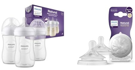 Philips Avent Lot de 3 biberons à Réponse Naturelle de 260 ml sans BPA, pour les bébés de 1 mois & Avent Lot de 2 tétines pour biberon à Réponse Naturelle 0% BPA, Débit 1