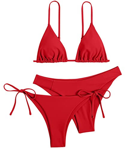 QingHUImao Bikini Damen Set 3 Teilig Triangel Bikini Sexy V-Ausschnitt Badeanzug Sommer Einfarbig Bikini Bademode High Waist Push Up Swimsuit Bikini Oberteil Damen Bikinihosen String Tanga Bikini Set