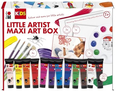 Marabu KiDS Little Artist Maxi Art Box, Mal- und Bastelbox für Kinder ab 5 Jahren, inkl. 12 x 36 ml auswaschbare Kindermalfarbe, Pinsel, Mischpalette, Keilrahmen und Malkarton, 0305000000113
