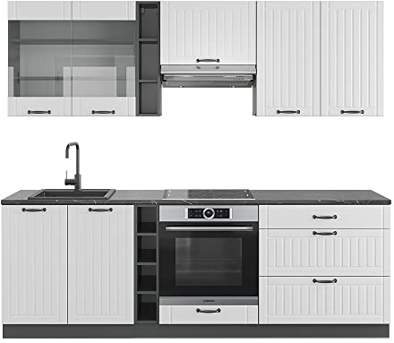 Vicco Küchenzeile Fame-Line, Weiß Landhaus/Anthrazit, 235 cm