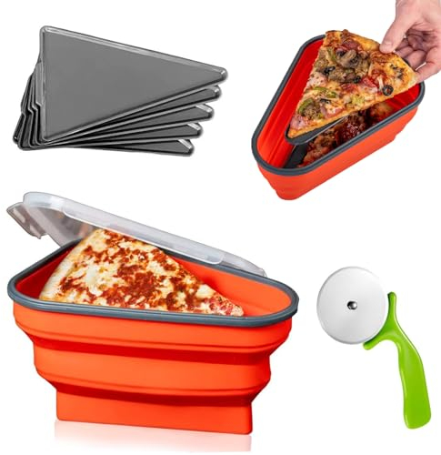 MetalNuts Collapsible-Container-Silicone Reusable Collapsible Pizza Storage Container - with Pizza Cutter Wheel Dough Scraper and 5 Microwavable Trays, for Hiking, Climbing, Camping, Picnic (Red)
