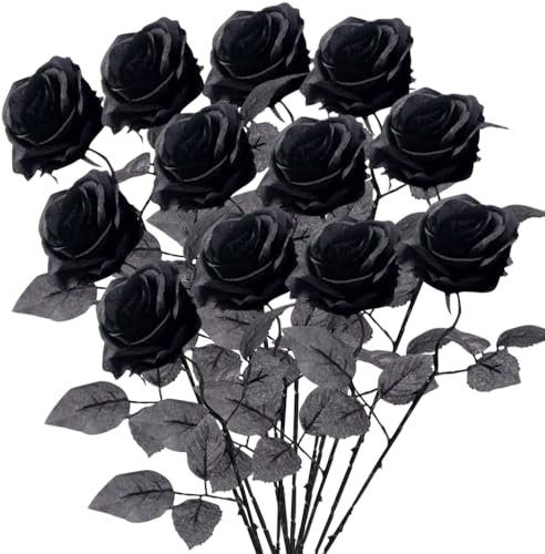 DKLQXCE Singola a Gambo Lungo Rosa Finte, 12 Pezzi Fiori Artificiali Rose di Seta, Bouquet di Fiori di Rose di Seta Nere Artificiali Giardino Partito Decorazioni Floreali per Feste in Giardino