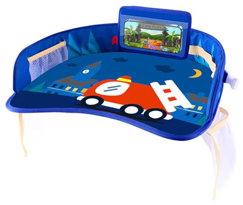 PRTIOK Tavolo da viaggio per bambini con tasche a rete: tavolino da viaggio per bambini, per giochi e tavolo da pranzo, tavolo da gioco, per passeggini, passeggini, auto, treno, blu