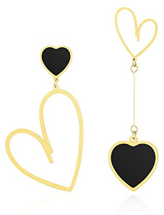 Linawe Herz Ohrringe Schwarz Gold Hängend für Damen - Schmuck Ohrhänger aus Edelstahl - Grosse Lover Damenohrringe