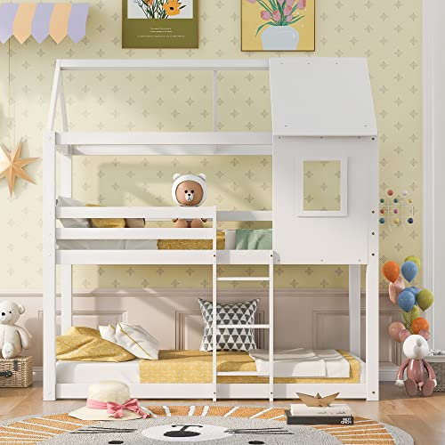 AYOROF 3FT Treehouse Bunk Bed, Kids Bed Frames Bunk Bed with Safety Guardrail, Convertible Ladder Window, Suitable for Kids Boys Girls Teens (White)