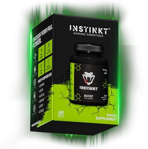 INSTINKT BOOST Gaming Kapseln - Fokus & Konzentration steigern - Mit Vitamin B6 B12, Tyrosin & Cholin - Mentale Leistung & Reaktionszeit verbessern - 60 Kapseln / 30 Tage