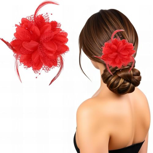 Giantree Blumen Feder Haarspange, Blumen Clip, Haarnadeln Haarschmuck Hochzeit Stirnband Cocktail Headwear Frauen Mädchen für Party Schulaufführungen Rollenspielpartys Bühnenshows Kostümpartys (rot)