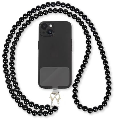 Xuigort Handykette Perlen Universal zum Umhängen, Inkl Patch, Handykette Perlen Handyband Handy Umhängeband, Das Handyband zum Umhängen Ist Kompatibel(Acryl, Schwarz)