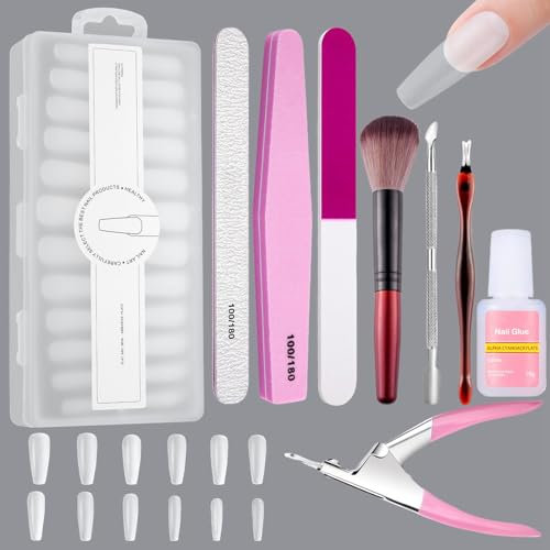 T-Shaped Acrylic Nail Set - 240PCS Clear Tips with Glue, Files, Buffers, Brush and Clippers for Extensions