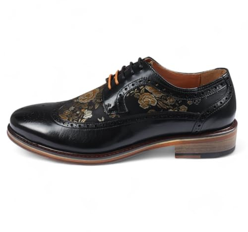 Scarpe Eleganti Brogue da Uomo in Pelle Nera con Stampa Floreale - Ross