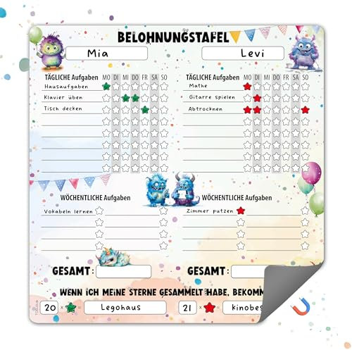 TOBJA Magnetische Belohnungstafel Kinder – Monster Design, für 2 Kinder, täglichen & wöchentlichen Aufgaben | Routine Planer Kinder Morgen- & Abendroutine | 30 x 30 cm, abwischbar (Monster)
