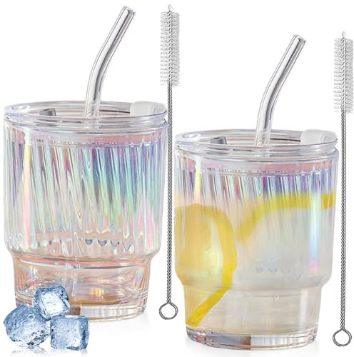2 Stück Glas Trinkbecher, 400 ml Kaffeebecher mit Deckel Strohhalm und Glasbürste Kristallstreifen Glasbecher Smoothie Becher Einmachglas Eisgekühltes Lattewasser Saft Trinkbecher Eiskaffee (Bunt)