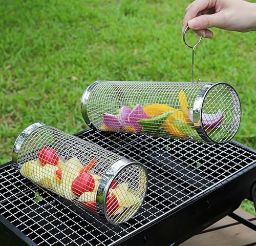 Vankarr Conjunto de 2 Cestas para Parrilla Rodante, Cesta de Parrilla de Acero Inoxidable con Mango Extraíble, Rejilla Barbacoa para Asar Verduras, Carne