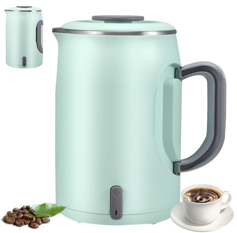 800ml Elektrischer Reisekessel, Klappbarer Griff niedrige Leistung tragbarer Mini Camping-Kessel Edelstahl, Automatische Abschaltung, für Wohnwagen, Wohnmobil, Büro (Grün)