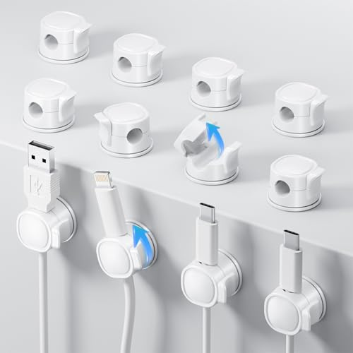 12 Pack 360° Rotatable Spring Cable Tidy Clips - No-Residue Cable Holder, Cord Organiser, Desk Tidy Wire Keeper for USB, HDMI, Wall, PC, Car, Office, Home, Nightstand, Kitchen, White (7.5mm)