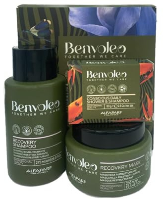 Alfaparf Benvoleo Pack Recovery Intensive Reparatur und natürliche Ernährung für geschädigtes Haar Shampoo 275 ml + Maske 250 ml + Shower & Shampoo 80 g
