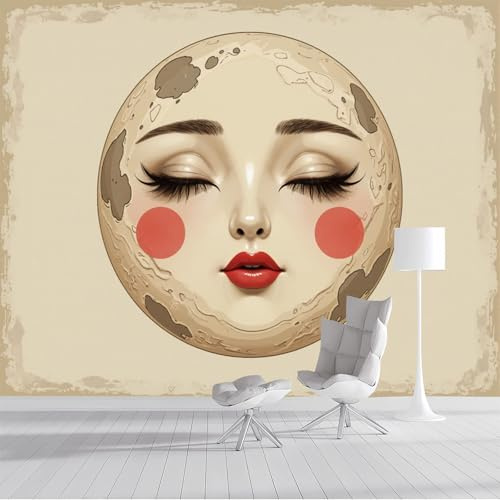 Fototapete Lune Yeux Fermés Tapete 300x210cm, Art Fototapete Tapete Lune Anthropomorphe Tapeten Moderne Wandtapete Wohnzimmer Schlafzimmer Study Wohnzimmer Dekoration