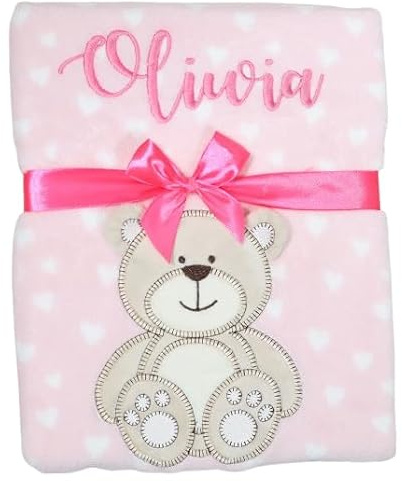 BotoBaby Personalisierte Babydecke Rosa mit weißen Herzen – Kuscheldecke mit Name, Geschenk zur Geburt & Taufe (Pink - Herzen + Stoffapplikation 3D)