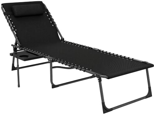 Outsunny Tumbona Plegable con Respaldo Ajustable 120 kg 190x60x31 cm Negro | Tumbona Jardín Exterior, Reposacabezas, Bolsillo Lateral, Bandeja, Estructura de Acero, para Terraza Piscina Playa