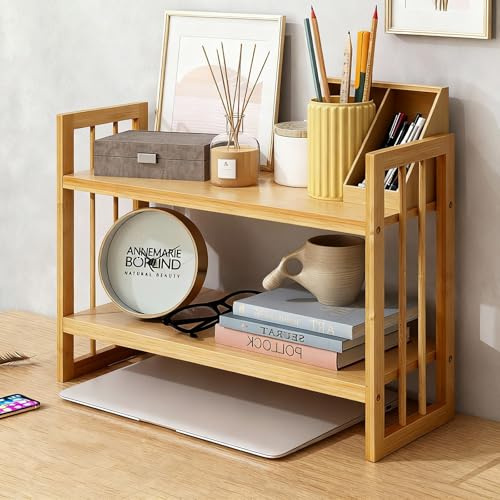 EIUTQRU Desktop Shelf Organizer, 2 Tier Bamboo Desk Bookshelf, Desk Top Storage Rack for Office, Dorm, or Bedroom Decor, Small Tabletop Shelf for Books, Plants & Accessories