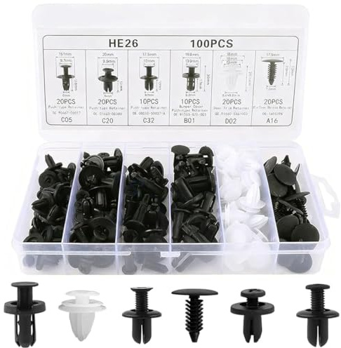 MUNZE Grapas Coche, 100 Piezas Remaches Plástico Fijación, 6 Tamaños Universales Para Puerta Parachoques Guardabarros, Tira Sellado (Negro/Blanco)